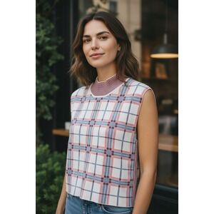 Veronica Beard Rayon Blend‎ Plaid Sweater Vest Top Shoulder Pads Small